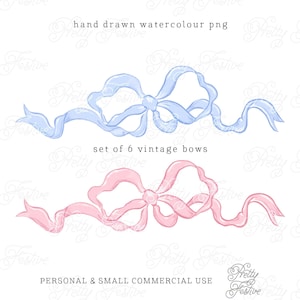 Set of 6 Pastel Blue Pink & other colours Watercolour Ribbons and Bow png, Grandmillenial Bows and Ribbon Clipart, birth announcement 041