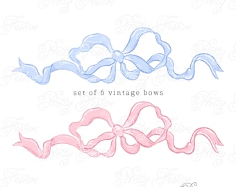 Set of 6 Pastel Blue Pink & other colours Watercolour Ribbons and Bow png, Grandmillenial Bows and Ribbon Clipart, birth announcement 041