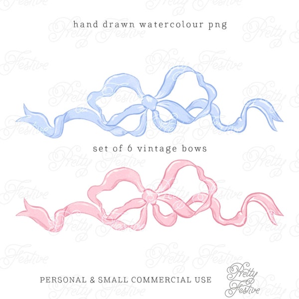 Set of 6 Pastel Blue Pink & other colours Watercolour Ribbons and Bow png, Grandmillenial Bows and Ribbon Clipart, birth announcement 041