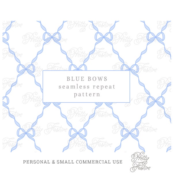 Vintage Blue Bow Trellis Seamless Repeating Pattern Block Print jpeg Preppy Handpainted fabric print, personalized stationery, gift wrap 053