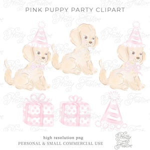 Watercolor Puppy Dog Illustration Clipart with Preppy Pink Gingham Bow, Party Hat & Gift, Personalized Invites Cute Little Girl Pawty 067