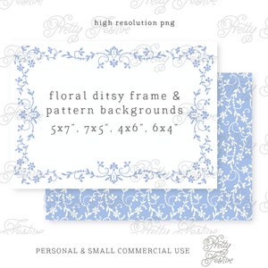 BLUE & WHITE wedgwood style floral frame and block print background clipart, Ditsy pattern, Invitations, stationery, labels, Notecard 045