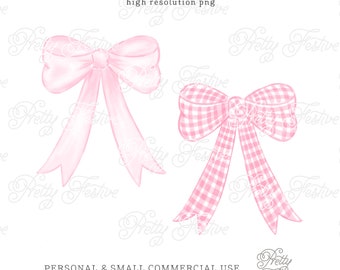 Pink Watercolor Bow Clipart, Pink Gingham Bow Clipart png, Watercolor Checkered Ribbon design, Grandmillennial Bow, baby girl garland 128
