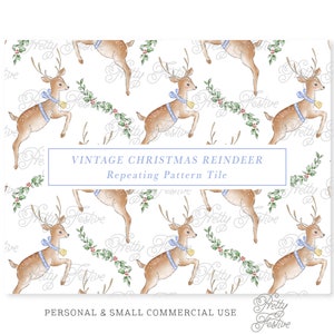 May include: A seamless pattern tile featuring a vintage Christmas reindeer design. The reindeer are brown with blue and white striped bows and bells. The background is white with green holly sprigs and red berries.