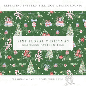 Christmas Watercolor Seamless Pattern in Pine Green, Illustrated Xmas Tree & Gifts, Candy, Florals Preppy Fabric Print, Grand Millennial 144