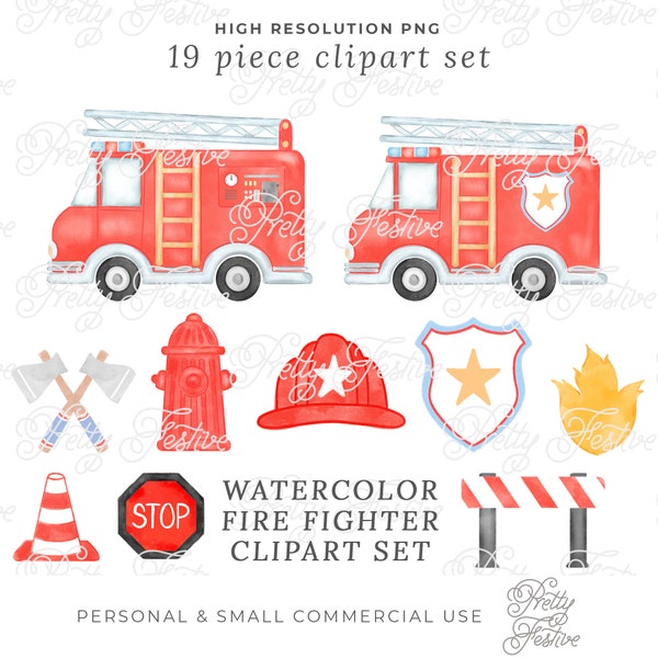 Watercolor Fire Truck Preppy Clipart Set, Cute Fire Fighter Party Illustrations, Little boys invitation Grandmillenial Sound the alarm 132