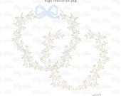 Preppy Blue Watercolour Ribbon Peach Cream Bow Crest Wreath Frame, Grandmillenial Ribbon Bow Monogram Crest, Climbing Rose Clipart 069
