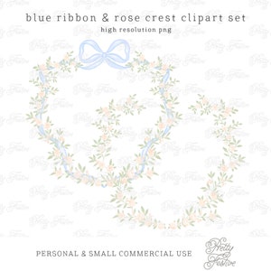 Preppy Blue Watercolour Ribbon & Peach Cream Bow Crest Wreath Frame, Grandmillenial Ribbon Bow Monogram Crest, Climbing Rose Clipart 069