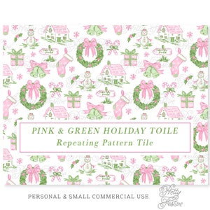 Pink & Green Christmas Toile Seamless Repeating Pattern, Preppy Watercolor, Christmas Cottage, Snowman, Wreath, Stocking Grandmillennial 139