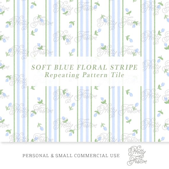 Blue Rosebud Stripe Seamless Repeating Pattern, Cottagecore pattern, grandmillenial wallpaper digital jpeg, fabric printing, dollhouse 061