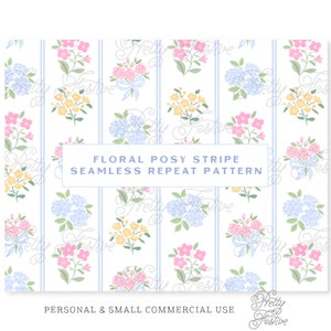 Floral Posy Cottage Stripe Seamless Pattern, Hydrangea & Blue Bow Repeat Pattern, Fabric print design Cottagecore, Preppy, Nursery Print 078