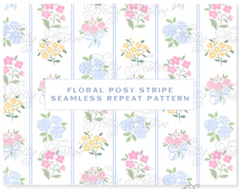 Floral Posy Cottage Stripe Seamless Pattern, Hydrangea & Blue Bow Repeat Pattern, Fabric print design Cottagecore, Preppy, Nursery Print 078