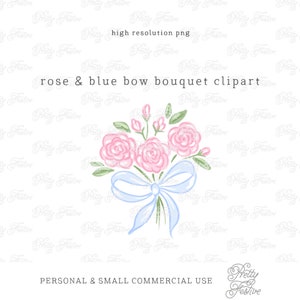 Pink Rose Posy with Blue Bow Clipart. Blue Ribbon Bouquet Design, Pretty Floral Sublimation, Pastel Bow Tied Floral ,Monogram Stationery 078