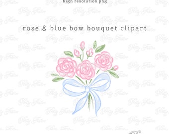 Pink Rose Posy with Blue Bow Clipart. Blue Ribbon Bouquet Design, Pretty Floral Sublimation, Pastel Bow Tied Floral ,Monogram Stationery 078