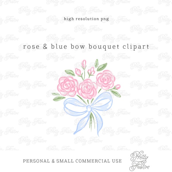 Pink Rose Posy with Blue Bow Clipart. Blue Ribbon Bouquet Design, Pretty Floral Sublimation, Pastel Bow Tied Floral ,Monogram Stationery 078