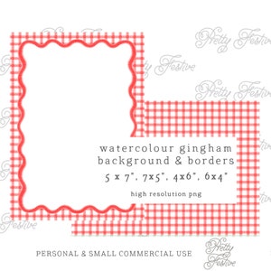 5x7" printable Red Gingham Watercolor Border card template Preppy clipart 6x4", patterned background for invites  print at home 042  Teacher
