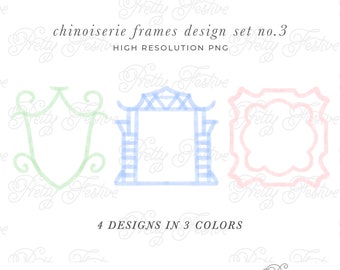 May include: Four digital frames in three colors: light blue, light green, and light pink. The frames are in a chinoiserie style, with intricate details and a delicate, watercolor-like appearance. The text "chinoiserie frames design set no. 3" and "HIGH RESOLUTION PNG" is at the top of the image. The text "4 DESIGNS IN 3 COLORS" is in the middle of the image. The text "PERSONAL & SMALL COMMERCIAL USE" is at the bottom of the image.