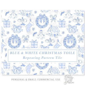 Blue Toile Christmas Seamless Repeating Pattern, Preppy Grand Millennial, Christmas Cottage, Snowman, Wreath, Stocking, Blue White Xmas 139