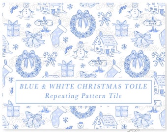 Blue Toile Christmas Seamless Repeating Pattern, Preppy Grand Millennial, Christmas Cottage, Snowman, Wreath, Stocking, Blue White Xmas 139