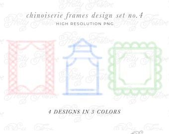 Set of 12 Chinoiserie Crests & Frames Pastel Watercolour png, Grandmillenial, Chinoiserie borders, Blue White designs, Preppy Clipart, 124