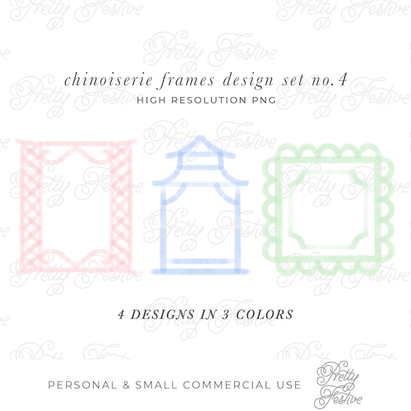 Set of 12 Chinoiserie Crests & Frames Pastel Watercolour png, Grandmillenial, Chinoiserie borders, Blue White designs, Preppy Clipart, 124