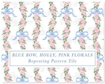 Blue Christmas Bows Pink Flowers & Holly Berries Grand Millennial Heirloom Seamless Repeating Pattern, Fabric Print, Preppy Stationery 142