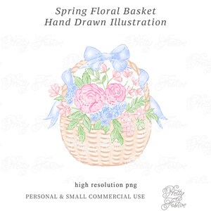 May include: A hand-drawn watercolour illustration of a wicker basket overflowing with pink roses and blue hydrangeas, tied with a light blue ribbon. Text reads "Spring Floral Basket Hand Drawn Illustration".