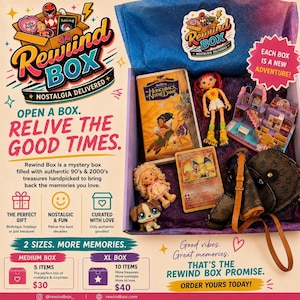 May include: A Rewind Box mystery box containing a Hunchback of Notre Dame VHS tape, a doll with red hair, a small toy house, a blonde doll, a small dog figurine, a Charizard trading card, and a brown patterned circular bag with a shoulder strap.