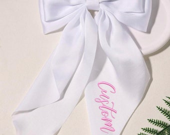 Embroidered Bow, Custom Name Knit Bow, Personalized Name Bow, Custom Name Long Bow, Christmas gift, Winter Gift, Cheerleading Bow