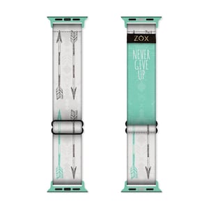 May include: A turquoise and white Apple Watch band with a pattern of arrows and the text "ZOX NEVER GIVE UP".
