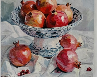 Original oil painting of pomegranates in a Delft bowl