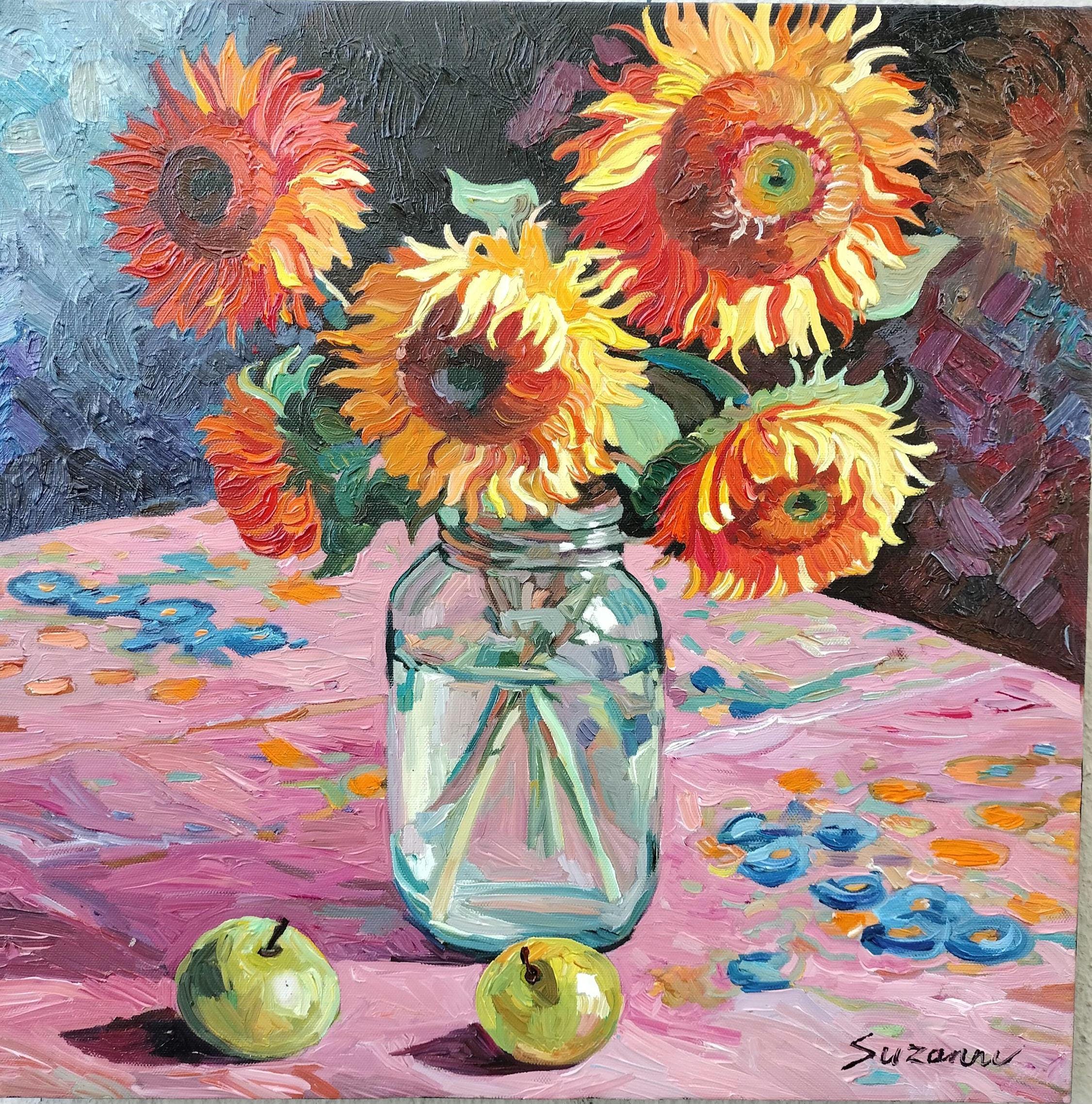 ガラス瓶に入ったひまわりの油絵 - Etsy 日本