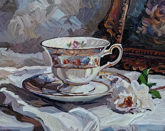 水彩画 ティーセット 絵画 金色のティーカップ | 松川佳代 ｜インテリア絵画 アートの専門通販