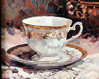 水彩画 ティーセット 絵画 金色のティーカップ | 松川佳代 ｜インテリア絵画 アートの専門通販