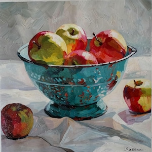 still life oil painting apples in bowl