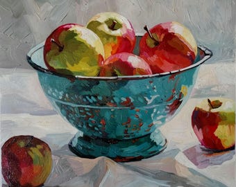 still life oil painting apples in bowl