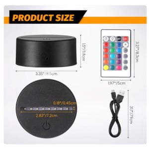 May include: Black LED light base with a remote control and USB cable. The base is 3.35 inches (8.5 cm) wide and 1.5 inches (3.8 cm) tall. The remote is 1.97 inches (5 cm) wide and 3.27 inches (8.3 cm) tall. The USB cable is 31.1 inches (79 cm) long. The text "PRODUCT SIZE" is at the top.