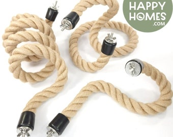 May include: Four natural rope perches with black end caps and silver screws. The perches are designed for small animals to climb and play on. The perches are made of natural rope and have a natural color. The perches are designed to be attached to a cage or other surface. Critter Happy Homes .com is printed on the image.