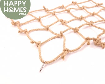 May include: A beige rope net with metal hooks. The net is made of thick, knotted rope and is designed for climbing or play.