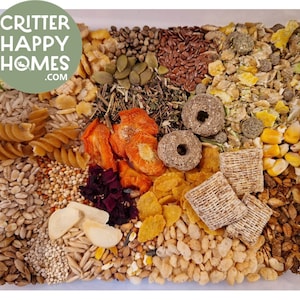 May include: A variety of small seeds, grains, and dried fruits, including corn, sunflower seeds, pumpkin seeds, flax seeds, dried carrots, and pasta. The mix is arranged in a rectangular tray and labeled "Critter Happy Homes.com".