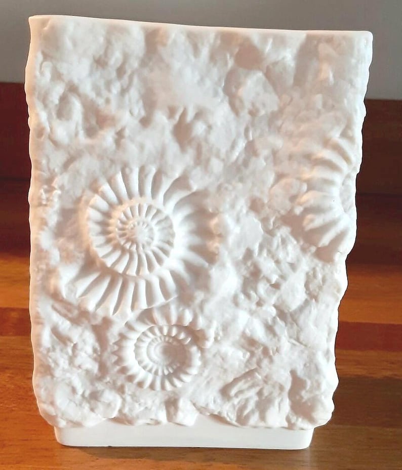 Puede incluir: Un jarr&oacute;n rectangular blanco con una superficie texturizada e impresiones de f&oacute;siles. El jarr&oacute;n presenta dos prominentes f&oacute;siles de amonitas en espiral, a&ntilde;adiendo un toque de historia natural a la decoraci&oacute;n. Es un objeto decorativo.