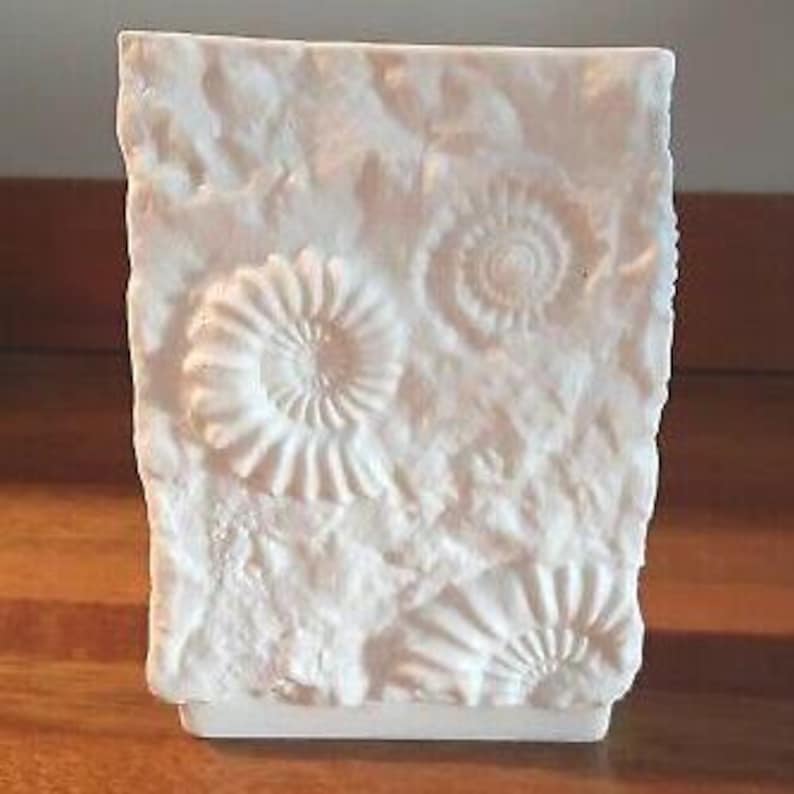 Puede incluir: Un jarr&oacute;n rectangular blanco con una superficie texturizada y dise&ntilde;os de f&oacute;siles de amonitas en relieve. El jarr&oacute;n tiene una base rectangular y es adecuado para exhibir flores o como objeto decorativo. El jarr&oacute;n est&aacute; hecho de un material opaco s&oacute;lido.