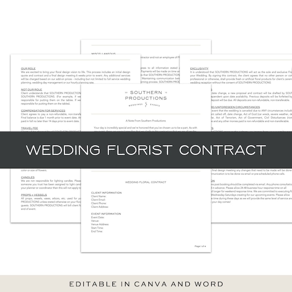 Wedding Florist Contract, Editable Florist Contract, Editable with Canva and Word, Digital Download