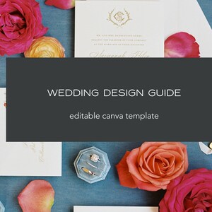 May include: A wedding design guide with an editable Canva template. The image features a wedding invitation, a ring box, and pink and orange roses on a blue background.
