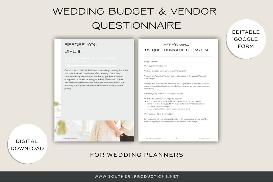Wedding Budget and Vendor Questionnaire for Wedding Planners, Editable ...