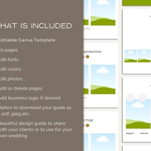 May include: A digital wedding design guide template with a green and blue color scheme. The template includes 20 pages, editable fonts, colors, and photos. The guide can be used to share with clients or for your own wedding.