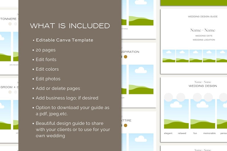 May include: A digital wedding design guide template with a green and blue color scheme. The template includes 20 pages, editable fonts, colors, and photos. The guide can be used to share with clients or for your own wedding.