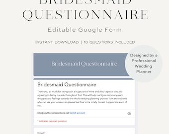Editable Bridesmaid Questionnaire, Wedding Planning Google Form (Digital Download)