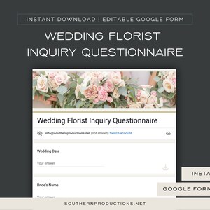 Puede incluir: Plantilla de formulario de Google editable para floristas de bodas. El formulario incluye campos para la fecha de la boda y el nombre de la novia. El formulario está diseñado para ayudar a los floristas a recopilar información de clientes potenciales.