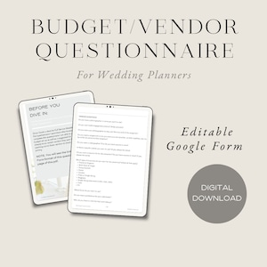 Wedding Budget and Vendor Questionnaire for Wedding Planners, Editable Questionnaire, Digital Download